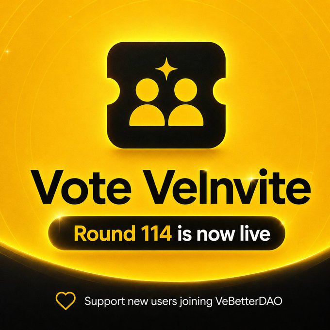 A promotional graphic with a yellow/gold theme featuring a black ticket-style icon with two people silhouettes, reading 'Vote VeInvite, Round 114 is now live, Support new users joining VeBetterDAO'.