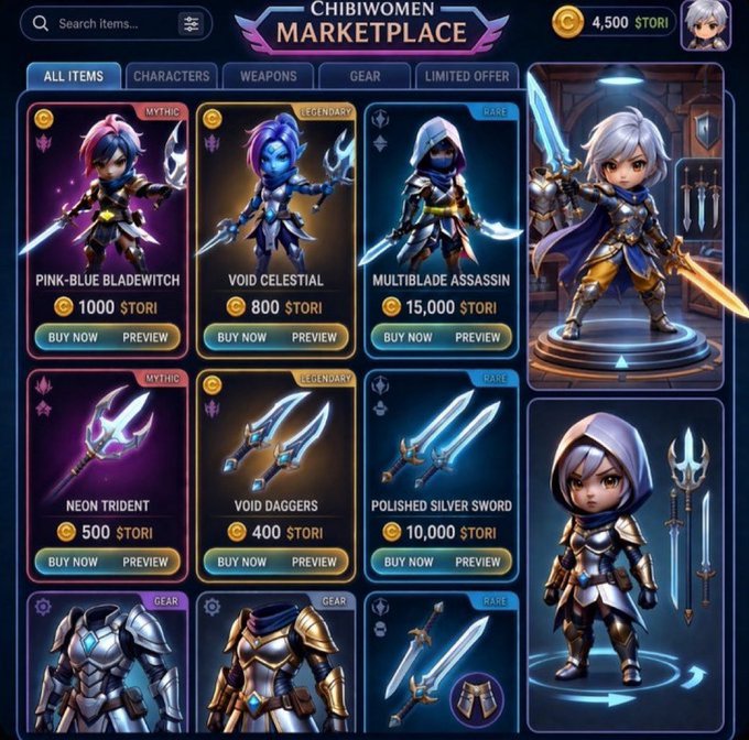 Screenshot of the Chibiwomen Marketplace showing various in-game items for sale priced in $TORI, including characters like Pink-Blue Bladewitch, Void Celestial, and Multiblade Assassin, plus weapons and gear.
