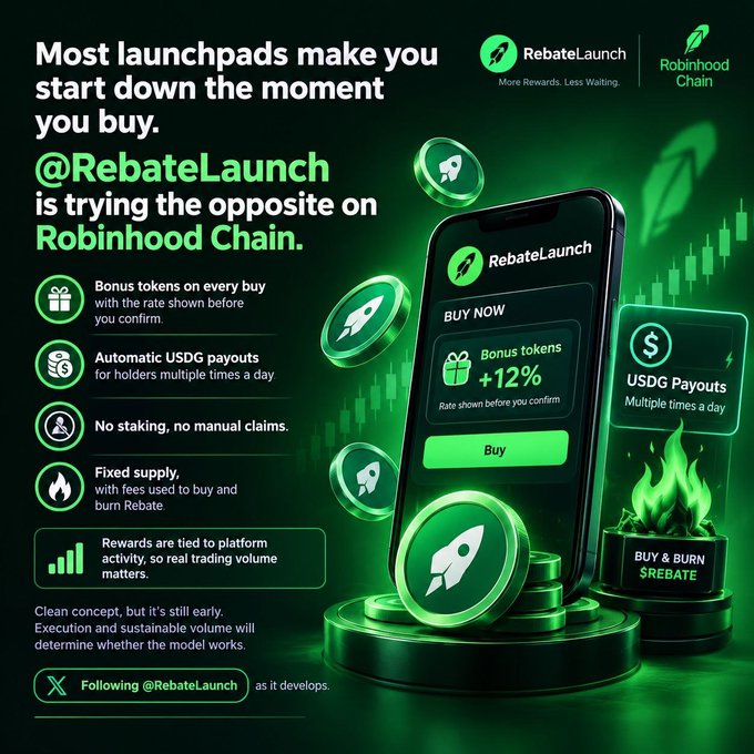 A promotional graphic for RebateLaunch on Robinhood Chain, detailing features like bonus tokens on buys, automatic USDG payouts, no staking required, and fixed supply with a buy and burn rebate model.