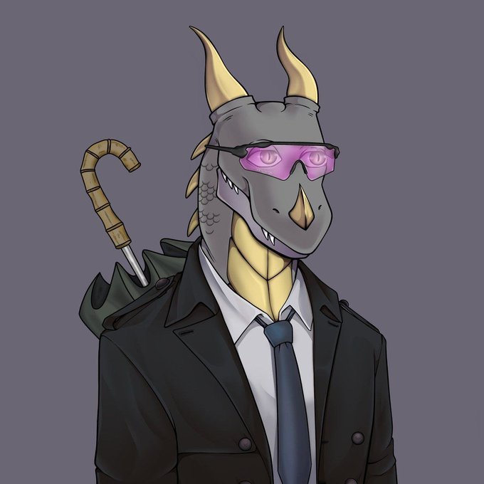 Digital artwork of an anthropomorphic dragon wearing pink sunglasses, a black suit, and a tie, with a sword strapped to its back.