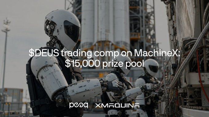 The image shows a man wearing a helmet, standing next to two robot arms or exoskeletons, possibly from a trading platform or robot company. The background of the image includes some text that reads "DUS trading comp on Machinex - $15,000 prize pool", indicating that the person in the foreground is participating in a competition related to the robot arms or exoskeleton technology. A caption below the image suggests that this event has generated a significant amount of interest and activity within the AI or machine learning community.
