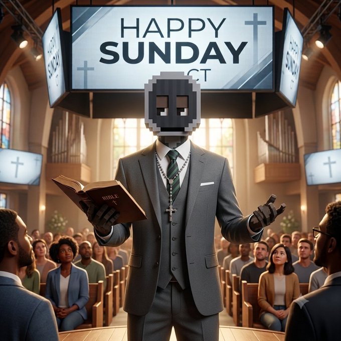 Surreal image of a figure in a gray suit holding an open Bible, standing in a church with a 'HAPPY SUNDAY' display overhead and a pixelated mask obscuring its face.