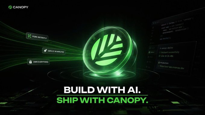 The image features an advertisement for a company called Canopy Network that specializes in building with artificial intelligence (AI). The main focus of the ad is a green circle containing a leaf, symbolizing the integration of AI into various aspects of life. The text on the image reads "Build With AI. Ship with canopy." This suggests that the company offers solutions for integrating AI technology into different industries and applications to enhance efficiency and productivity.
