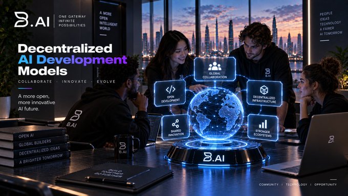 A promotional image for '8.AI' titled 'Decentralized AI Development Models' with a team of people around a glowing holographic globe, featuring text like 'COLLABORATE · INNOVATE · EVOLVE' and labels including 'GLOBAL COLLABORATION', 'OPEN DEVELOPMENT', and 'DECENTRALIZED INFRASTRUCTURE'.