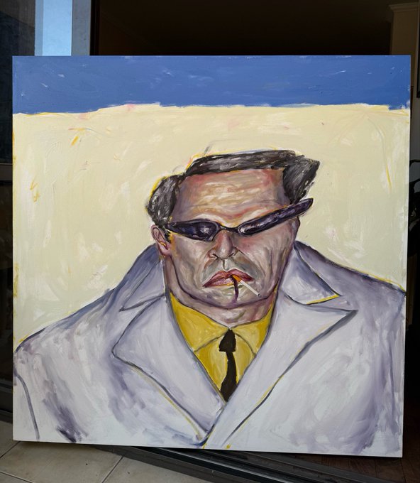An expressionist oil painting portrays a stern man wearing dark sunglasses and a white coat with a yellow shirt and tie, smoking a cigarette.