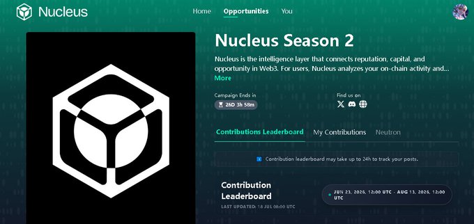 The Nucleus Season 2 Web3 opportunity page showing campaign details ending in 29 days 3h 59m, with a Contribution Leaderboard and a campaign window from June 23, 2026 to August 13, 2026.
