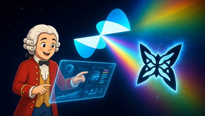 A cartoon illustration of a historical figure in 18th-century attire interacting with a holographic data screen, alongside glowing blue logos and a rainbow against a starry space background.