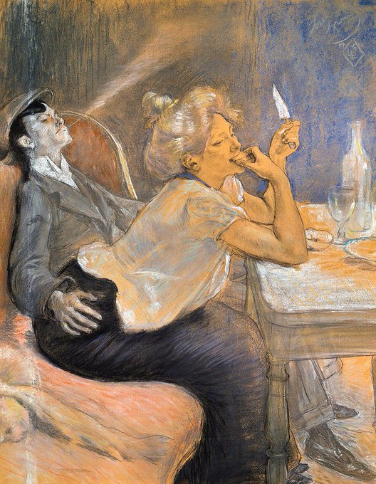 A pastel artwork signed "Louis Legrand" depicting a glamorous woman in a peach blouse reclining on a man's lap while smoking, conveying a leisurely, decadent lifestyle that complements the post's caption "Life is good."