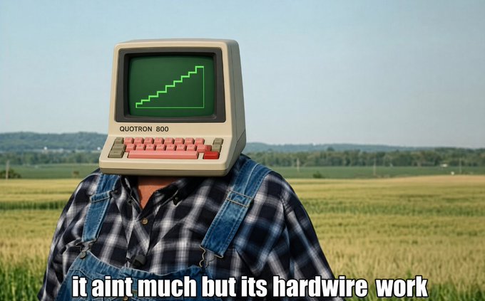 A person in a plaid shirt and denim overalls wears a "QUOTRON 800" computer monitor for a head, displaying a green step-shaped growth chart on its screen, standing in a field with the caption "it aint much but its hardwire work."

The whimsical image humorously celebrates a small but meaningful initial buyback and burn of the QWIRE token, using the retro computer-headed farmer to symbolize modest, grassroots progress.