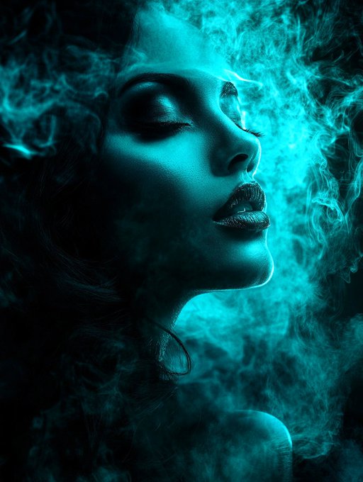 A striking portrait of a woman with closed eyes and glossy lips is engulfed in swirling teal smoke, embodying the "silent heat" of the piece's title. The cool, ethereal monochromatic tones evoke a sense of mystique and quiet intensity, perfectly matching the artistic mood.