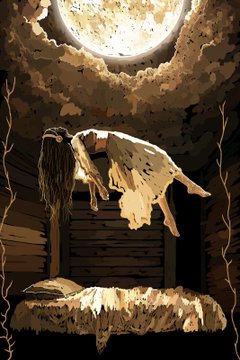 A digital illustration depicting a girl with long hair standing on a bed in a dark room, illuminated by a large, glowing full moon shining through clouds.