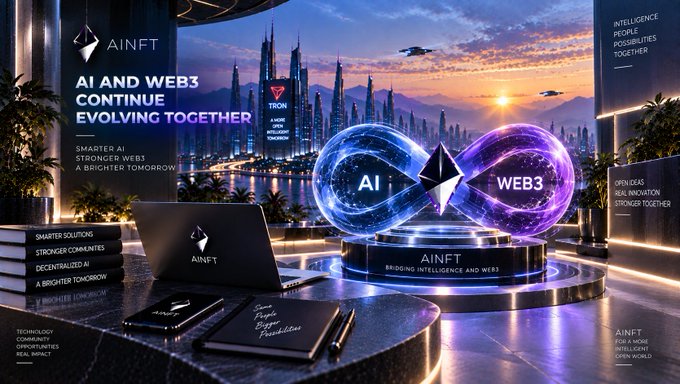 A futuristic 3D promotional image for 'AINFT' features a glowing infinity symbol linking 'AI' and 'WEB3', set against a sci-fi cityscape with a laptop in the foreground.