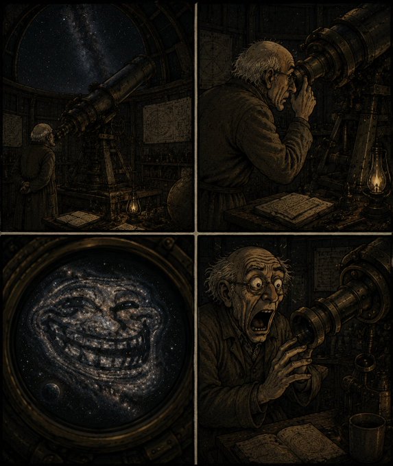 A four-panel comic-style image shows an elderly astronomer peering through a telescope at the cosmos, only to discover a grotesque, grinning face lurking among the stars, which makes him recoil in sheer terror—perfectly capturing the post's darkly comedic caption about the universe grinning back at him, paired with the meme $TROLL on the ETH ticker.