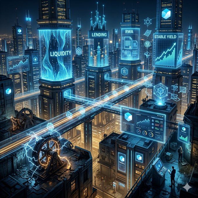 A futuristic nighttime cityscape featuring glowing skyscrapers with digital displays reading "LIQUIDITY," "LENDING," "RWA," and "STABLE YIELD," connected by illuminated pathways above an industrial gear wheel.