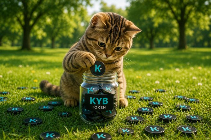A tabby cat reaches into a jar labeled "KYB TOKEN" filled with black coins marked with a "K" logo, while more coins are scattered across the grass around it. The playful image visually represents the post's call to accumulate and hold KYB tokens, using the cat and overflowing coin jar as a metaphor for stockpiling the asset.