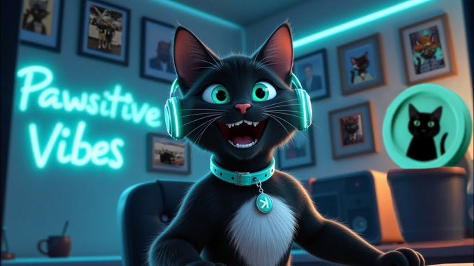 A 3D-rendered black cat with bright green eyes wears glowing teal headphones and a matching collar, sitting in a room with a neon sign reading 'Pawsitive Vibes' and framed cat artwork on the walls.