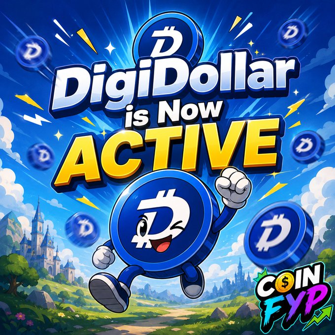 A vibrant promotional graphic reading 'DigiDollar is Now ACTIVE' featuring an animated blue coin character with a 'D' symbol running through a fantasy landscape, branded with 'COIN FYP'.