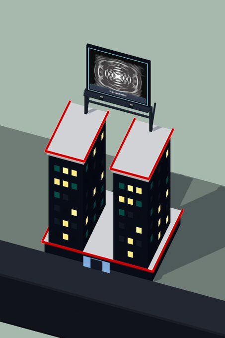 A 3D isometric illustration of two black apartment buildings with red trim and illuminated windows, topped with a billboard displaying a swirling vortex image labeled "Pan-Abyssoul".
