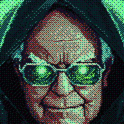 A pixelated, stylized illustration of a hooded figure with a beard wearing sunglasses that reflect bright green light.