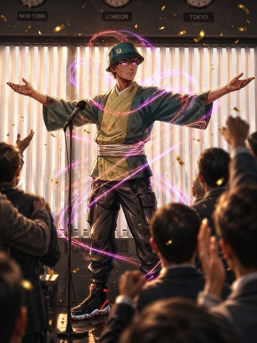 An anime-style illustration depicts a performer in streetwear with glowing purple eyes standing on stage with arms outstretched as confetti falls around a cheering crowd.