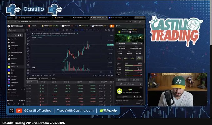 The image shows a Castillo Trading VIP Live Stream from 7/20/2026, featuring a screencast of the DexScreener platform displaying the PEARL token's price chart and market data, alongside a webcam feed of the streamer wearing an Oakland A's cap. This aligns with the post's mention of discussing a specific launchpad play during the previous day's livestream, with PEARL appearing to be the launchpad token highlighted on screen.