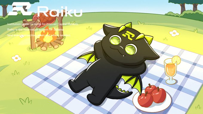 An illustration of a black cat-like mascot with green accents relaxing on a picnic blanket with apples and a drink, labeled 'Raiku' with text describing an institution made entirely by Internet Capital Markets.