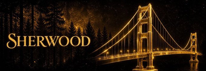 A golden-lit suspension bridge stretches across a starry night sky with silhouetted pine trees, overlaid with the large text 'SHERWOOD' in elegant gold lettering.