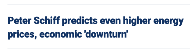 A Fox Business headline reads "Peter Schiff predicts even higher energy prices, economic 'downturn'," satirized in the post as evidence that being consistently wrong—like Schiff, a perennial economic forecaster—still earns him a platform and credibility.