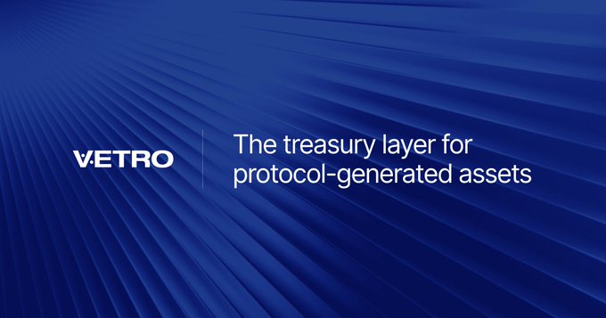 The image displays a sleek blue gradient background featuring the "VETRO" logo alongside the tagline "The treasury layer for protocol-generated assets." The branding visually reinforces the accompanying post's message about VUSD as a versatile stablecoin, positioning VETRO as the infrastructure enabling users to transition from simply holding assets to actively participating in liquidity provision and yield generation.