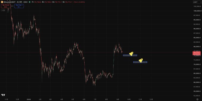 A Bitcoin/USDT (BTCUSDT) candlestick chart on the 4-hour timeframe shows price at 76,774, with yellow annotations marking two highlighted horizontal zones—one near the 75.5K–74.8K range and another lower around 71.7K–70.9K—corresponding to the post's suggested long-term bullish entry levels.