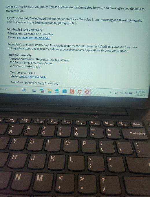 A laptop screen displays a college transfer information email detailing contact information for Montclair State University and Rowan University admissions.