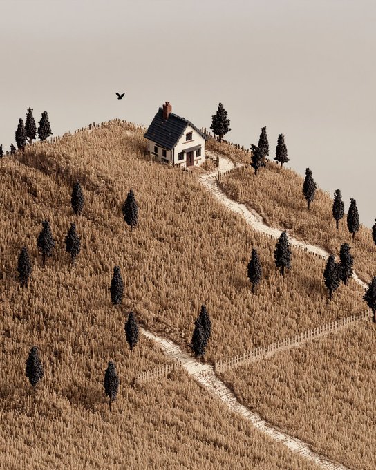 A surreal miniature landscape depicts a small house with a dark roof perched atop a grassy hill, connected by a winding dirt path and surrounded by scattered evergreen trees, with a bird flying overhead.