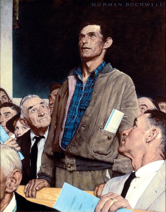 The image depicts a man standing at a podium with stacks of papers, surrounded by people who appear to be listening intently. There's another man sitting nearby who has a book open next to him. The painting conveys an atmosphere of importance or gathering around an issue related to cryptocurrency investing and market trends.
