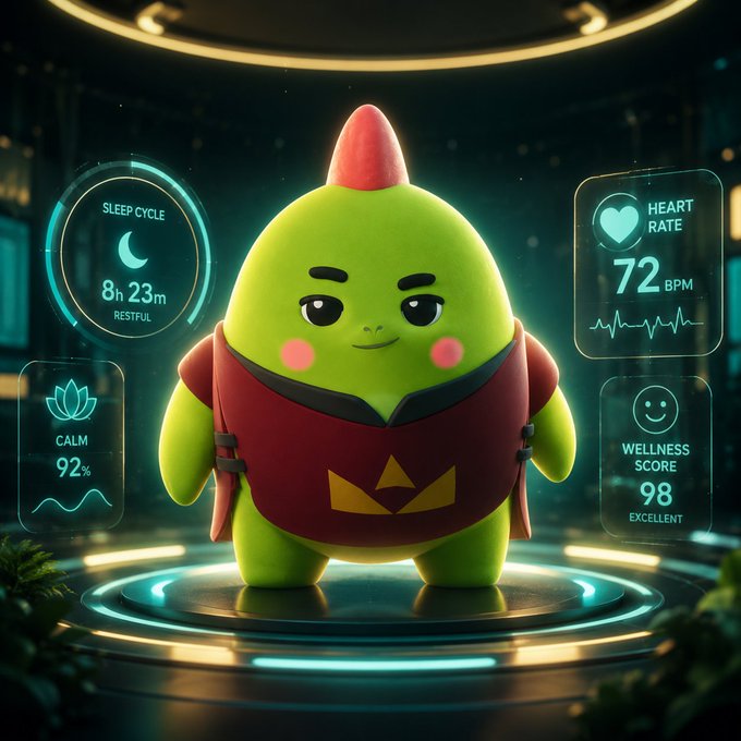 The image features a green character with a red hat standing on a platform surrounded by various screens displaying information about sleep cycles, heart rate, and wellness scores. The character appears to be promoting a healthy lifestyle or encouraging users to prioritize their well-being through technology.