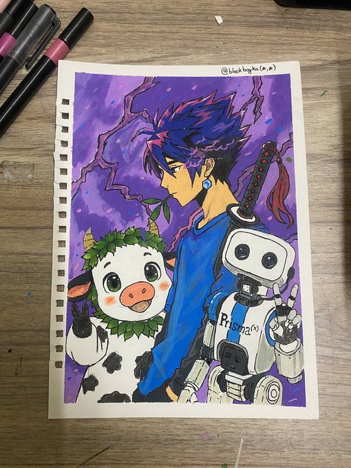 A marker drawing on notebook paper signed '@blackbu_ya(*_*)', depicting a purple-haired anime boy with a sword, a small cow character, and a robot against a purple lightning background.