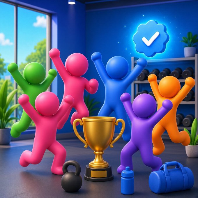 A 3D illustration of colorful humanoid figures (green, pink, blue, purple, orange) celebrating around a golden trophy in a gym setting with dumbbells, kettlebells, and a verified checkmark badge floating above.