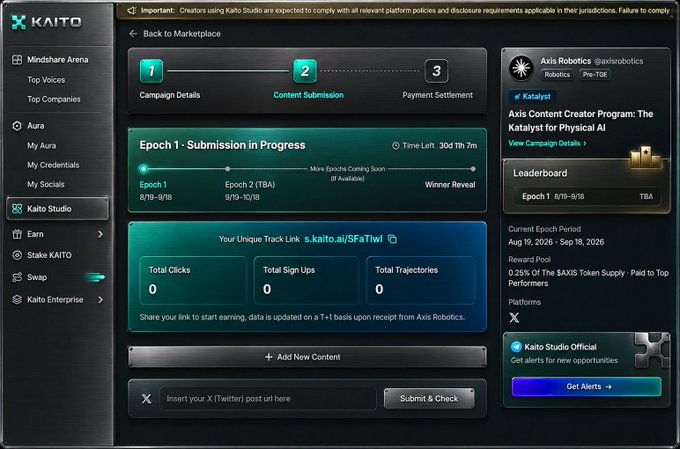 A screenshot of the Kaito Studio platform displays the "$AXIS Content Creator Program: The Catalyst for Physical AI" campaign by @axisrobotics, showing Content Submission in progress for Epoch 1 (8/19-9/18) with zero clicks, sign-ups, and trajectories, alongside a unique track link for submitting X/Twitter posts. The interface confirms the creator airdrop campaign launched on Aug 19, 2026, as referenced in the post.