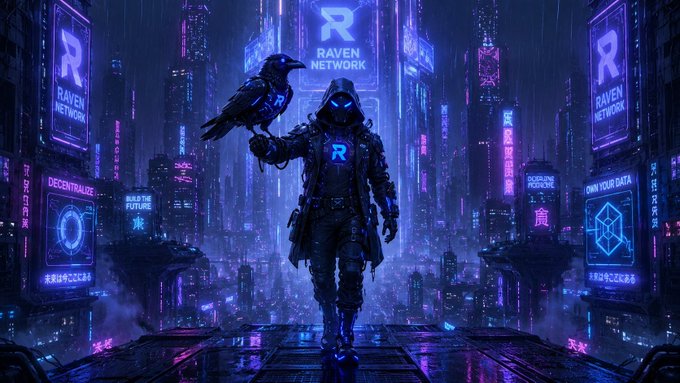 A cyberpunk-style digital artwork of a figure in a dark hooded outfit holding a black raven, standing in a neon-lit futuristic cityscape featuring 'RAVEN NETWORK' holographic billboards and signs reading 'DECENTRALIZE', 'BUILD THE FUTURE', and 'OWN YOUR DATA'.