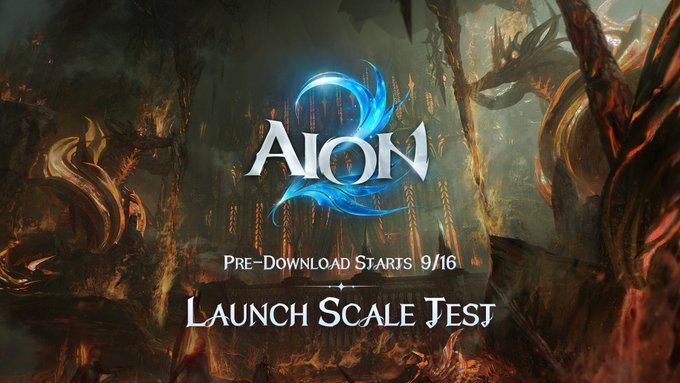 Promotional image for AION 2 featuring its logo over a dark fantasy backdrop with castle ruins, announcing "Pre-Download Starts 9/16" and "Launch Scale Test," directly matching the post about the game's upcoming scale test.