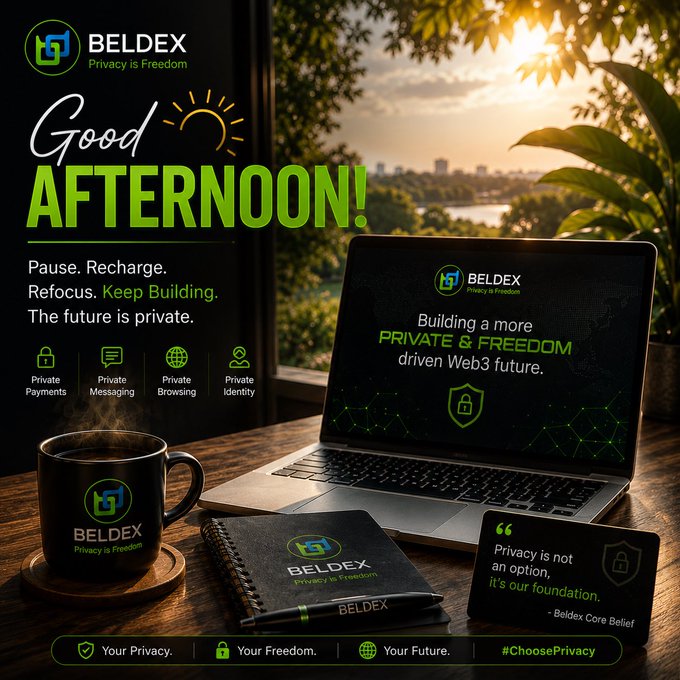 A 'BELDEX' advertisement with the slogan 'Privacy is Freedom' and 'Good AFTERNOON!', promoting a 'PRIVATE & FREEDOM driven Web3 future' alongside images of a branded laptop and coffee mug.