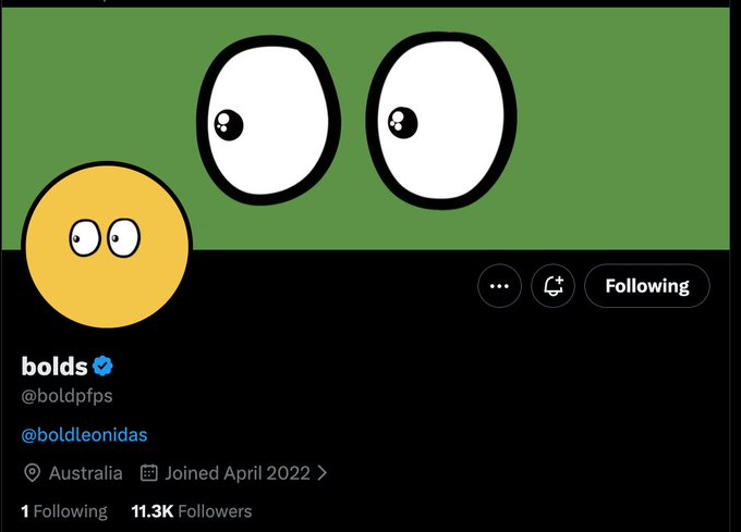 A screenshot of the Twitter profile for @boldpfps (bolds), displaying a cartoon yellow emoji avatar and a green banner with googly eyes, joined in April 2022 from Australia with 11.3K followers, illustrating the "Art Only" profile mentioned in the accompanying alpha post.