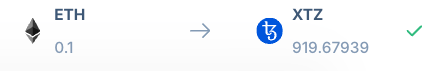 An upside-down image showing an Ethereum (ETH) logo on the left and a Tezos (XTZ) logo on the right, with a curved arrow pointing between them and a green checkmark, suggesting a bridge or conversion between the two blockchains.