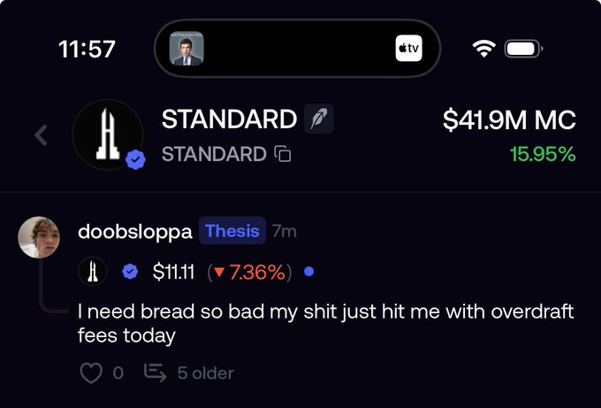 A screenshot of a stock app shows the ticker 'STANDARD' with a market cap of $41.9M and a 15.95% gain, along with a post by 'doobsloppa' saying 'I need bread so bad my shit just hit me with overdraft fees today'.