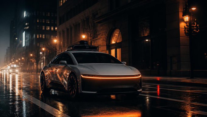 A sleek, futuristic autonomous vehicle with glowing orange light strips glides down a rain-slicked city street at night, its roof-mounted sensors hinting at advanced AI integration. The image mirrors the post's message about rapid technological evolution—just as this self-driving car represents the swift integration of robotics into everyday life, the robotics crypto sector has rapidly transformed from obscurity to a dedicated market index in just three years, with speed itself serving as the defining signal of progress.