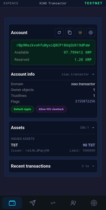 XSPENCE wallet screenshot for the XIAO Transactor account on TESTNET, showing 97.799412 XRP available and TST issued assets.