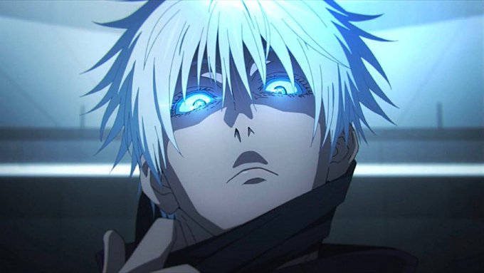 A close-up of an anime character with white hair and glowing blue eyes, appearing shocked or surprised, with a dark cloth wrapped around his neck. The dramatic, intense imagery complements the crypto giveaway post, evoking a sense of awe and excitement that aligns with the enthusiastic "gm" and "WAGMI" (we're all gonna make it) sentiment.