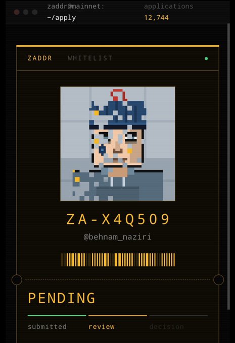 A computer terminal interface shows a 'ZADDR WHITELIST' application pending review for user @behnam_naziri with the ID 'ZA-X4Q5O9'.