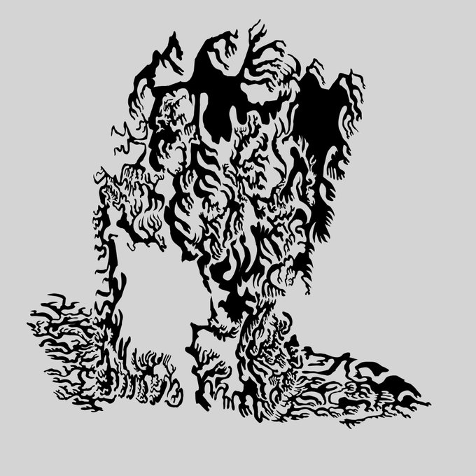 A black ink-style illustration of a figure composed of swirling flames and smoke, with fiery tendrils rising upward and forming claw-like extensions on a light gray background.