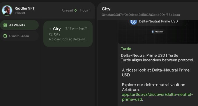 A screenshot of the City protocol interface showing a message from "City" wallet (0xaafae30d7cf0a0deba2e5902a3ead90af36a4daa) to "RiddlerNFT" wallet, promoting "Delta-Neutral Prime USD" on Turtle via Arbitrum at app.turtle.xyz/discover/delta-neutral-prime-usd. This demonstrates the City protocol's feature allowing protocols to directly message liquidity providers about opportunities, as mentioned in the post about Turtle integration.