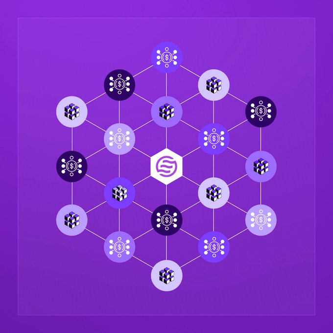 A purple graphic illustrates a blockchain network with interconnected nodes containing dollar sign symbols and 3D cube icons, centered around a hexagon logo.